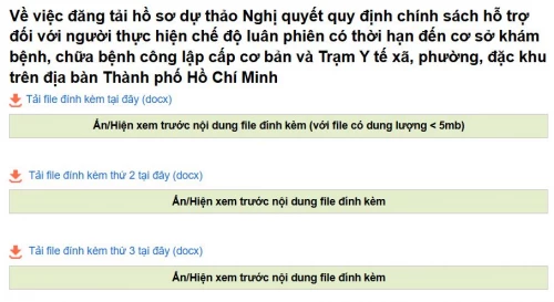 Về việc đăng tải hồ sơ dự thảo Nghị quyết quy định chính sách hỗ trợ đối với người thực hiện chế độ luân phiên có thời hạn đến cơ sở khám bệnh, chữa bệnh công lập cấp cơ bản và Trạm Y tế xã, phường, đặc khu trên địa bàn Thành phố Hồ Chí Minh