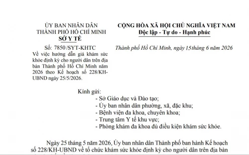 Về việc hướng dẫn giá khám sức khỏe định kỳ cho người dân trên địa bàn Thành phố Hồ Chí Minh năm 2026 theo Kế hoạch số 228/KHUBND ngày 25/5/2026.